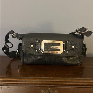 Guess Black Leather Shoulder Bag with Silver Details